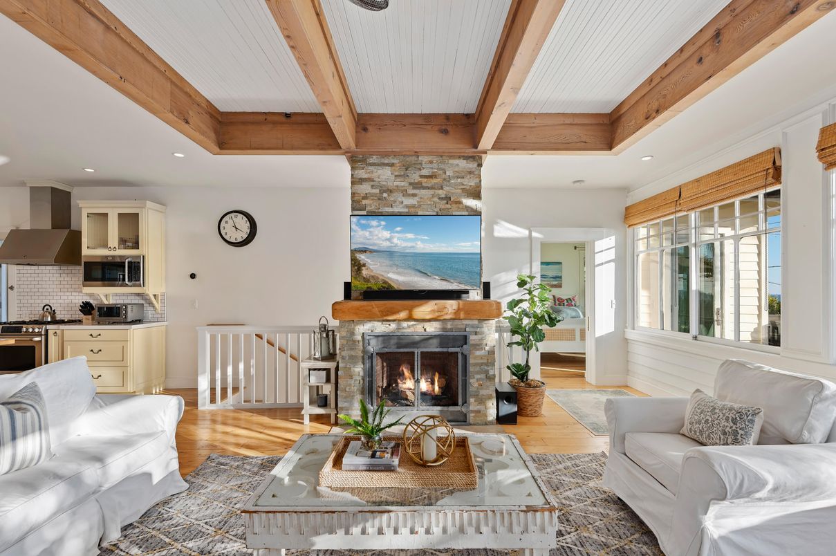 Fireplace, Interior, Kitchen, Living room, Recessed Lighting, Stainless Steel Appliances, Stone Walls, Wooden Beams, Wood Texture Flooring
