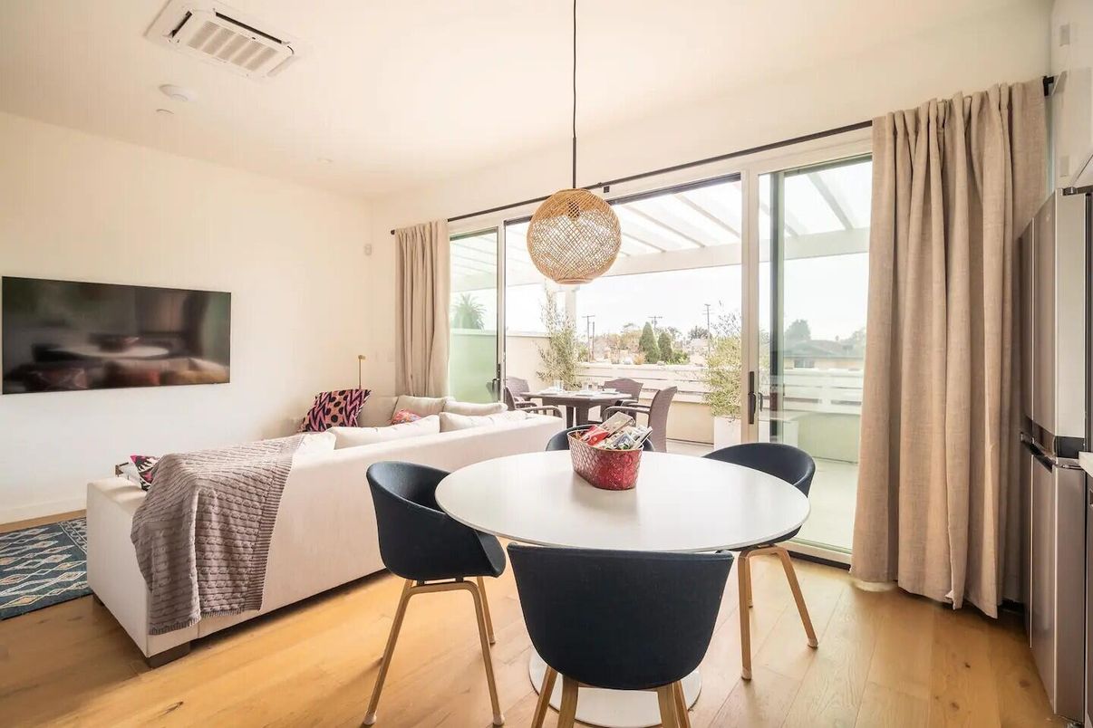 Dining room, Interior, Living room, Pendant Lights, Wood Texture Flooring