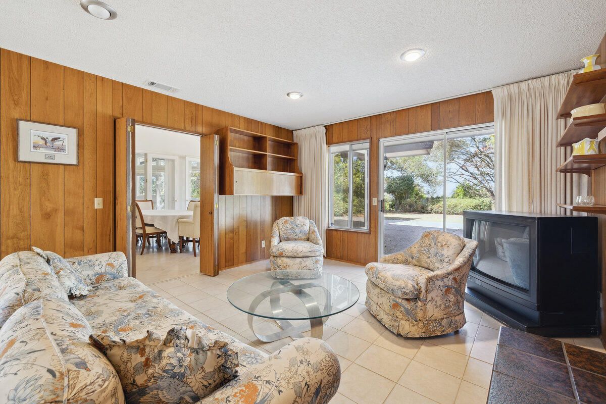Dining room, Fireplace, Interior, Living room, Recessed Lighting, Wooden Walls