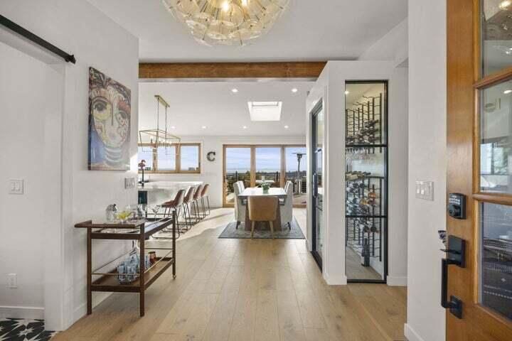Chandelier, Dining room, Interior, Recessed Lighting, Wooden Beams, Wood Texture Flooring
