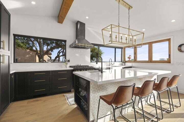 Chandelier, Interior, Kitchen, Pendant Lights, Recessed Lighting, Wooden Beams, Wood Texture Flooring