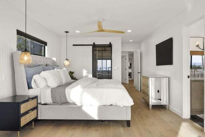 Bedroom, Interior, Pendant Lights, Recessed Lighting, Wood Texture Flooring