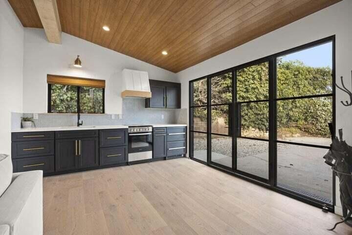 Interior, Kitchen, Recessed Lighting, Stainless Steel Appliances, Wooden Beams, Wooden Ceilings, Wood Texture Flooring