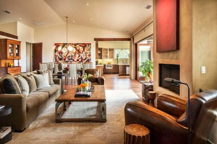 Dining room, Fireplace, Interior, Living room, Pendant Lights, Recessed Lighting, Wood Texture Flooring