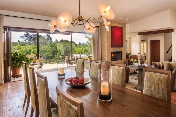 Dining room, Fireplace, Interior, Living room, Pendant Lights, Recessed Lighting, Wood Texture Flooring