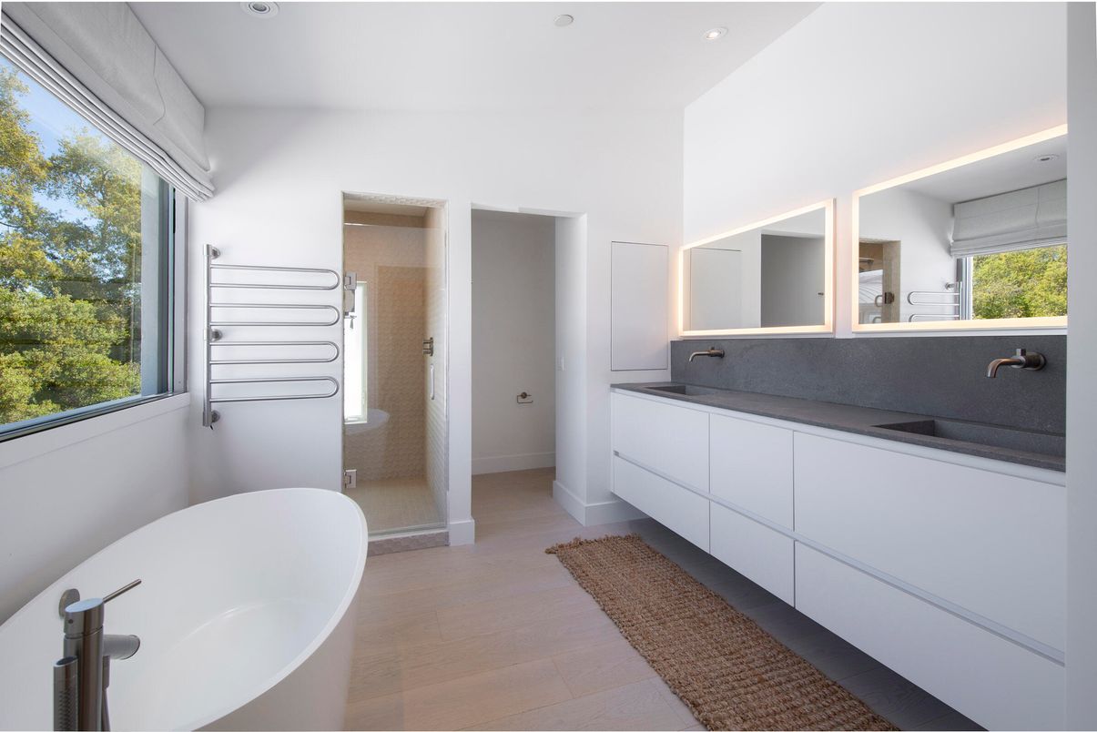 Bathroom, Dual Sink Vanities, Free Standing Baths, Interior, Recessed Lighting, Wood Texture Flooring