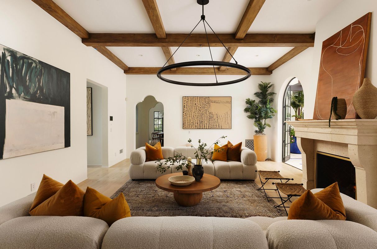Fireplace, Interior, Living room, Pendant Lights, Wooden Beams