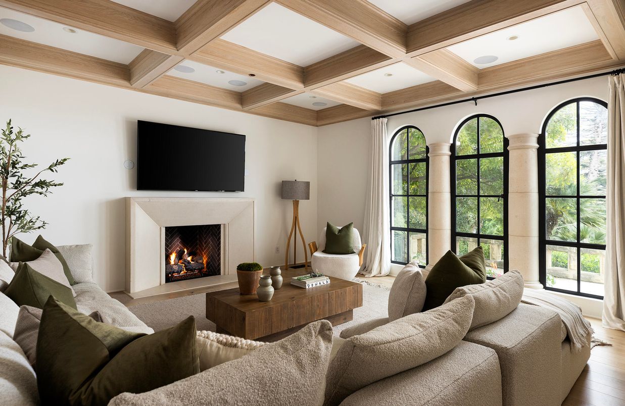 Fireplace, Interior, Living room, Recessed Lighting, Wooden Beams, Wood Texture Flooring