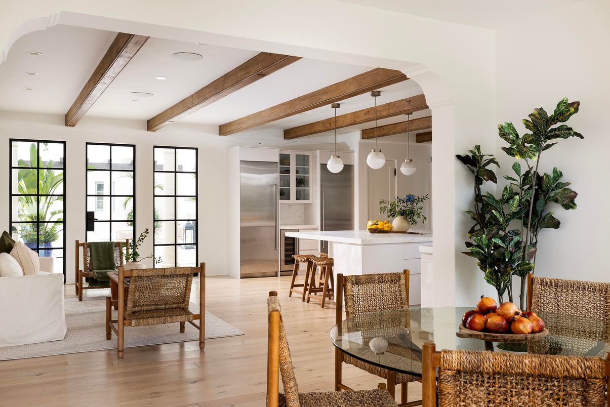 Interior, Kitchen, Pendant Lights, Recessed Lighting, Stainless Steel Appliances, Wooden Beams, Wood Texture Flooring
