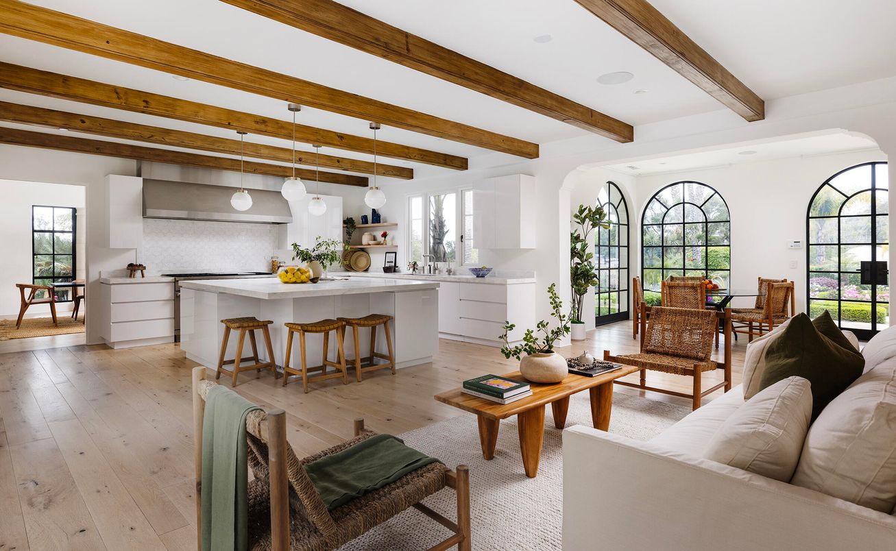 Interior, Kitchen, Living room, Pendant Lights, Recessed Lighting, Stainless Steel Appliances, Wooden Beams, Wood Texture Flooring