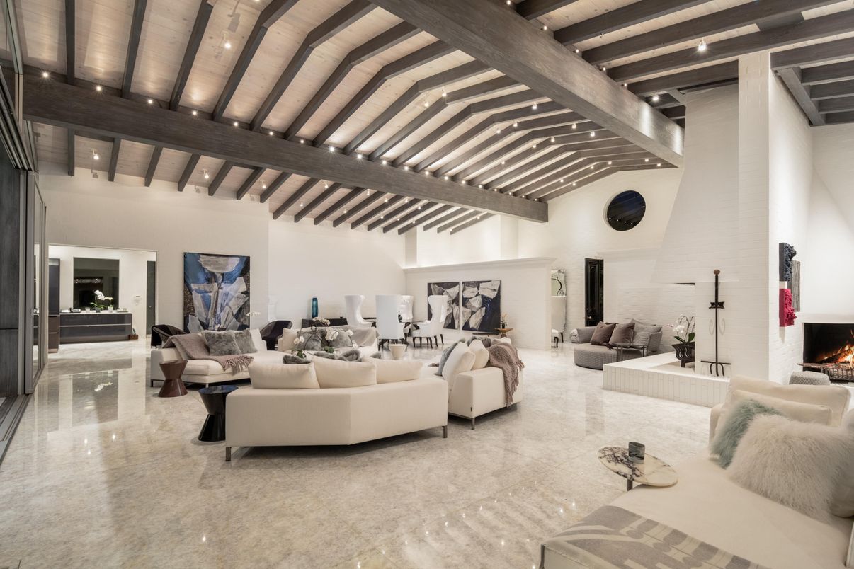 Fireplace, Interior, Living room, Recessed Lighting, Wooden Beams