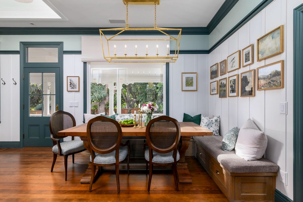 Dining room, Interior, Pendant Lights, Wood Texture Flooring