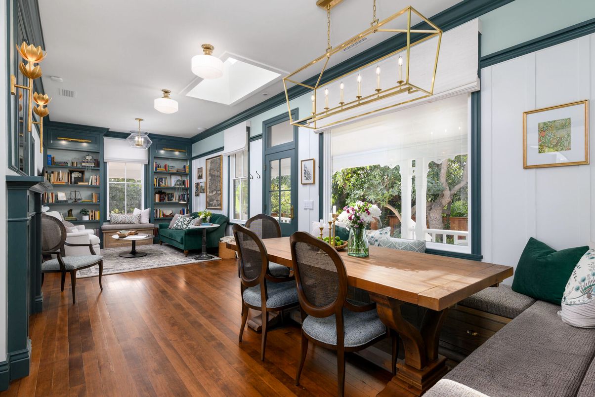 Dining room, Fireplace, Interior, Living room, Pendant Lights, Wood Texture Flooring