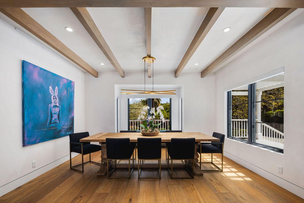 Dining room, Interior, Recessed Lighting, Wooden Beams, Wood Texture Flooring