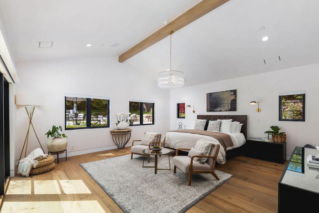 Bedroom, Chandelier, Interior, Pendant Lights, Recessed Lighting, Wooden Beams, Wood Texture Flooring