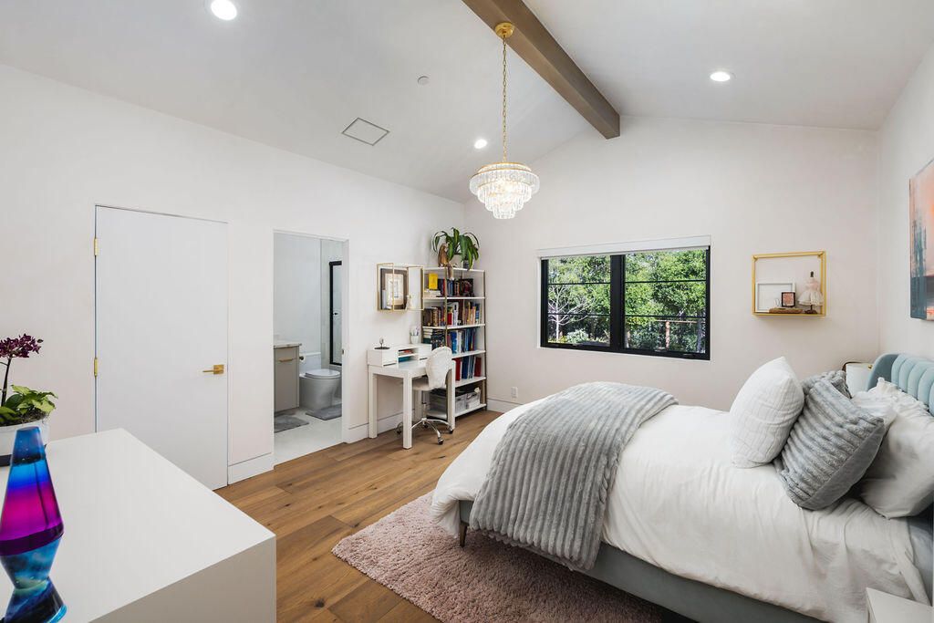 Bedroom, Chandelier, Interior, Recessed Lighting, Wooden Beams, Wood Texture Flooring