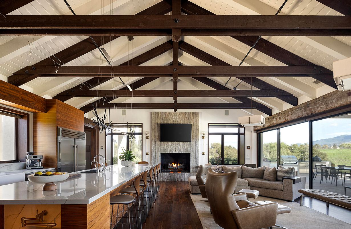 Fireplace, Interior, Kitchen, Living room, Pendant Lights, Stainless Steel Appliances, Wooden Beams, Wood Texture Flooring