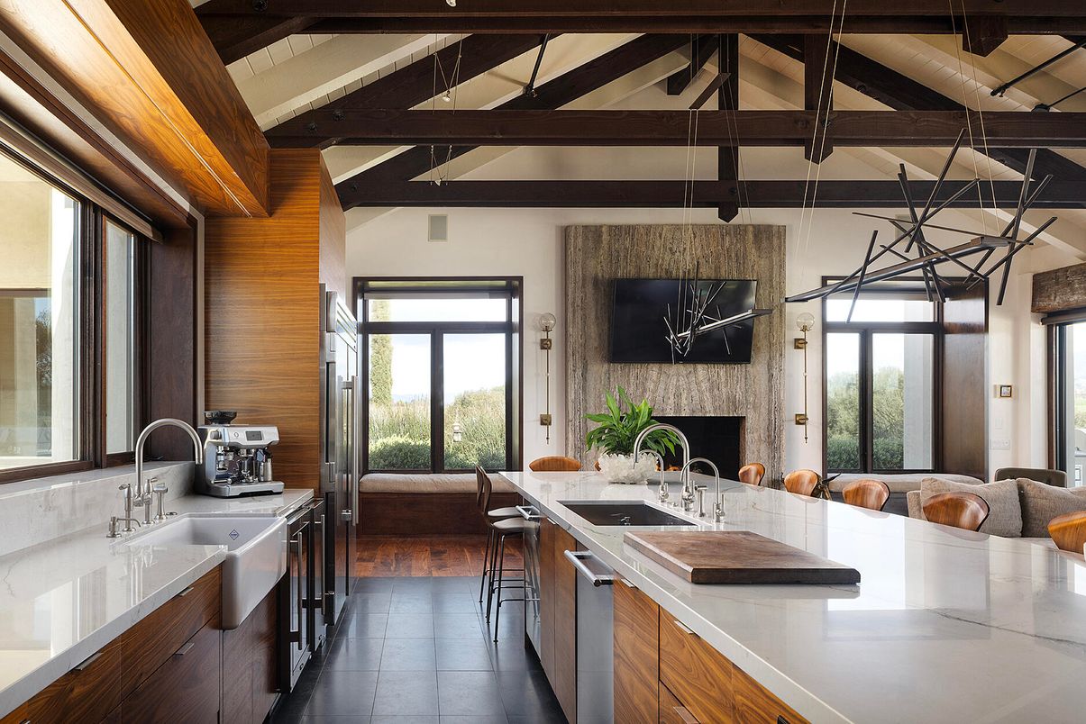 Fireplace, Interior, Kitchen, Living room, Pendant Lights, Stainless Steel Appliances, Stone Walls, Wooden Beams, Wooden Ceilings