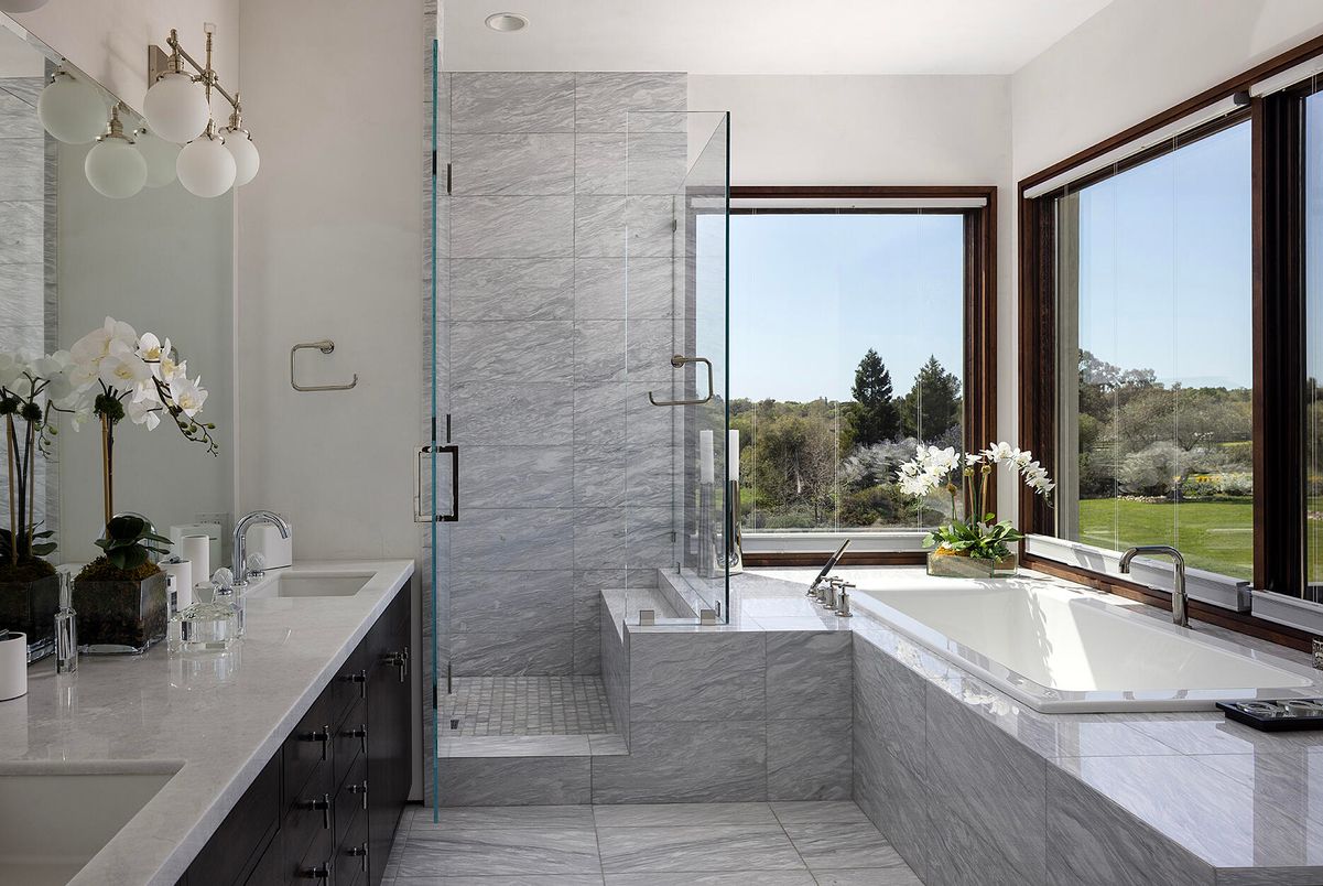 Bathroom, Dual Sink Vanities, Glass Shower, Interior, Marble Walls, Recessed Lighting