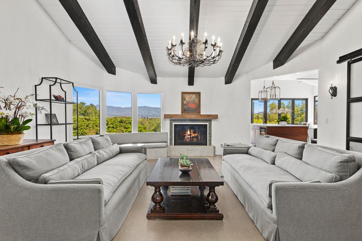 Chandelier, Fireplace, Interior, Living room, Wooden Beams