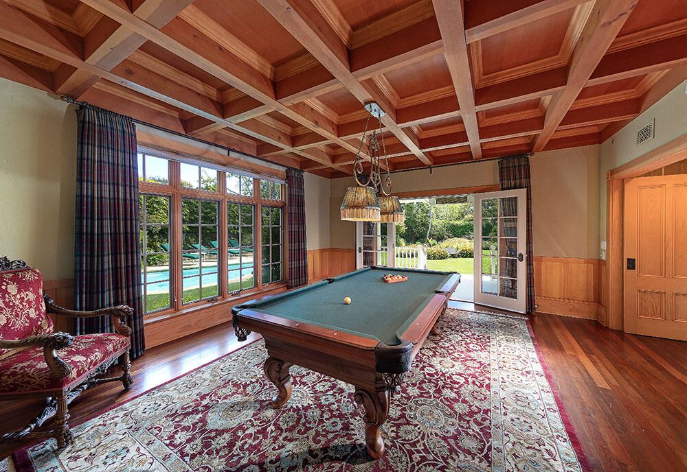 Billiard Table, Game Room, Interior, Pendant Lights, Wooden Beams, Wooden Ceilings, Wood Texture Flooring