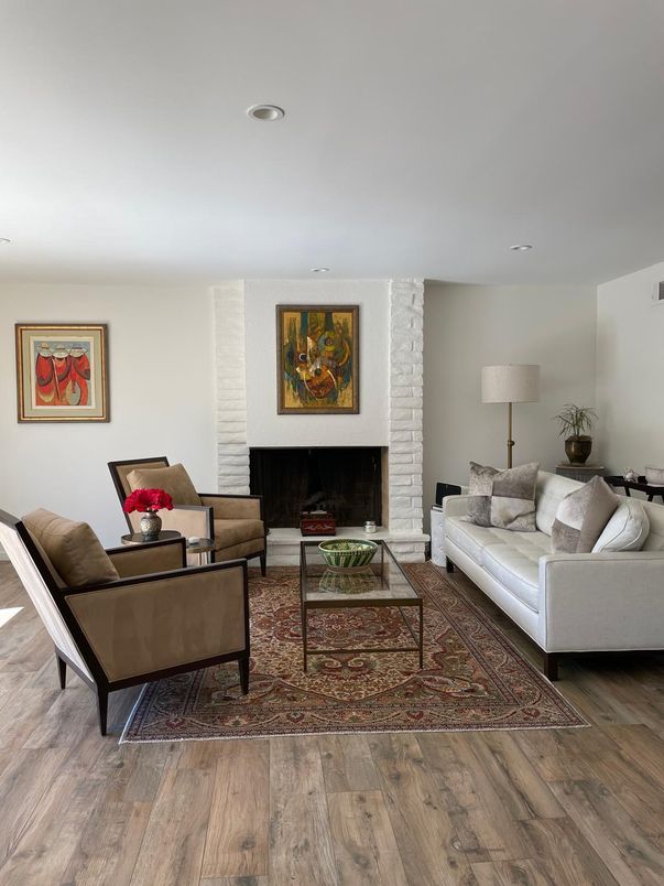 Fireplace, Interior, Living room, Recessed Lighting, Wood Texture Flooring