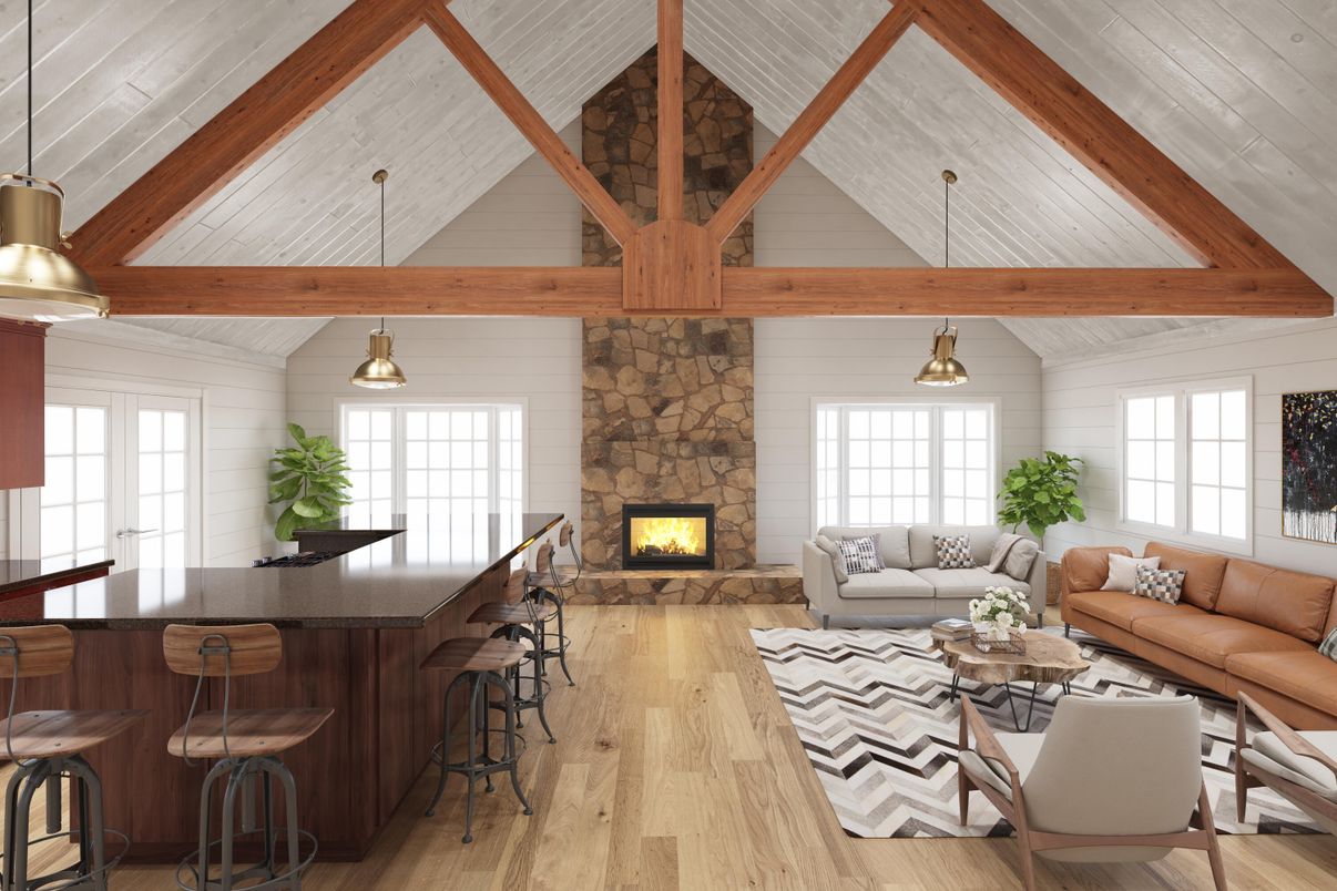 Fireplace, Interior, Living room, Pendant Lights, Wooden Beams, Wood Texture Flooring