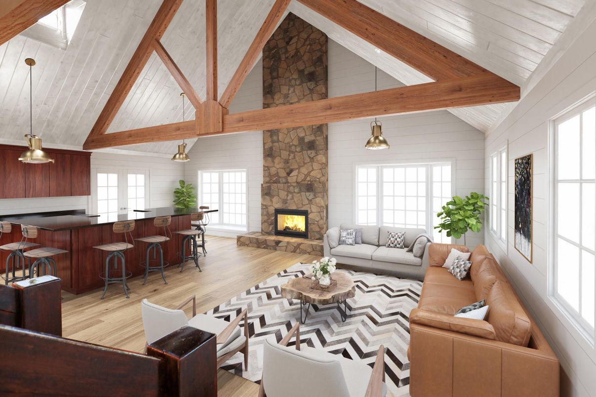 Fireplace, Interior, Living room, Pendant Lights, Stone Walls, Wooden Beams, Wood Texture Flooring
