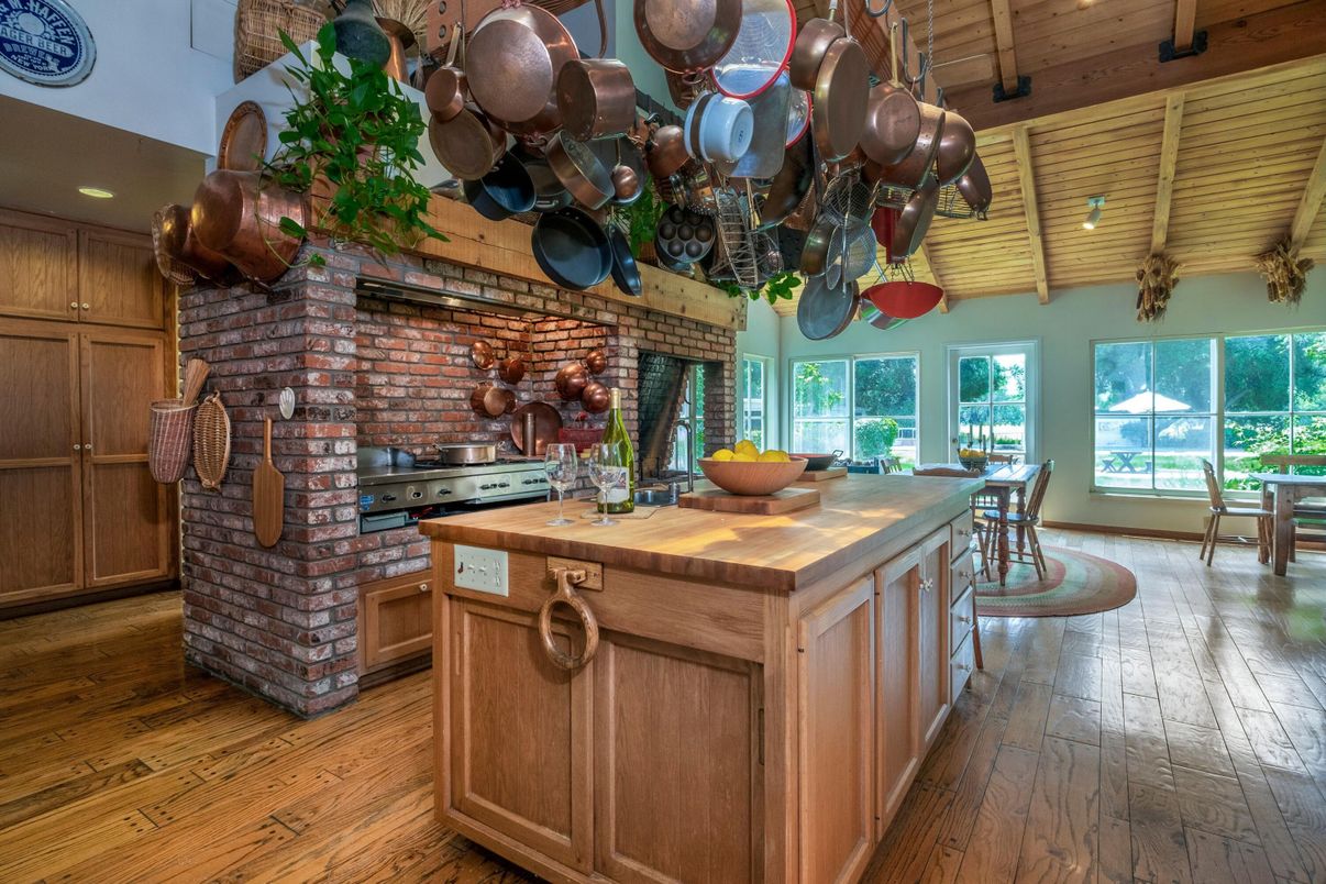 Interior, Kitchen, Recessed Lighting, Stainless Steel Appliances, Stone Walls, Wooden Beams, Wooden Ceilings, Wood Texture Flooring