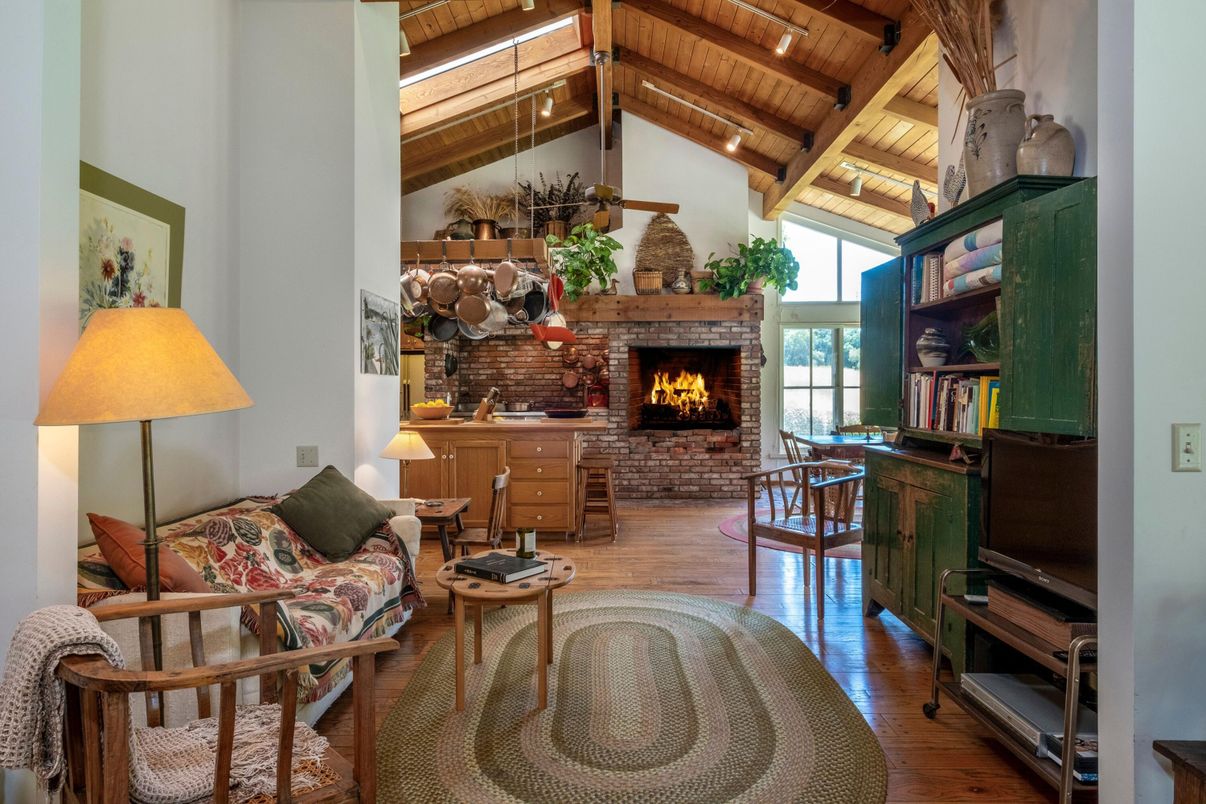 Fireplace, Interior, Living room, Stone Walls, Wooden Beams, Wooden Ceilings, Wood Texture Flooring
