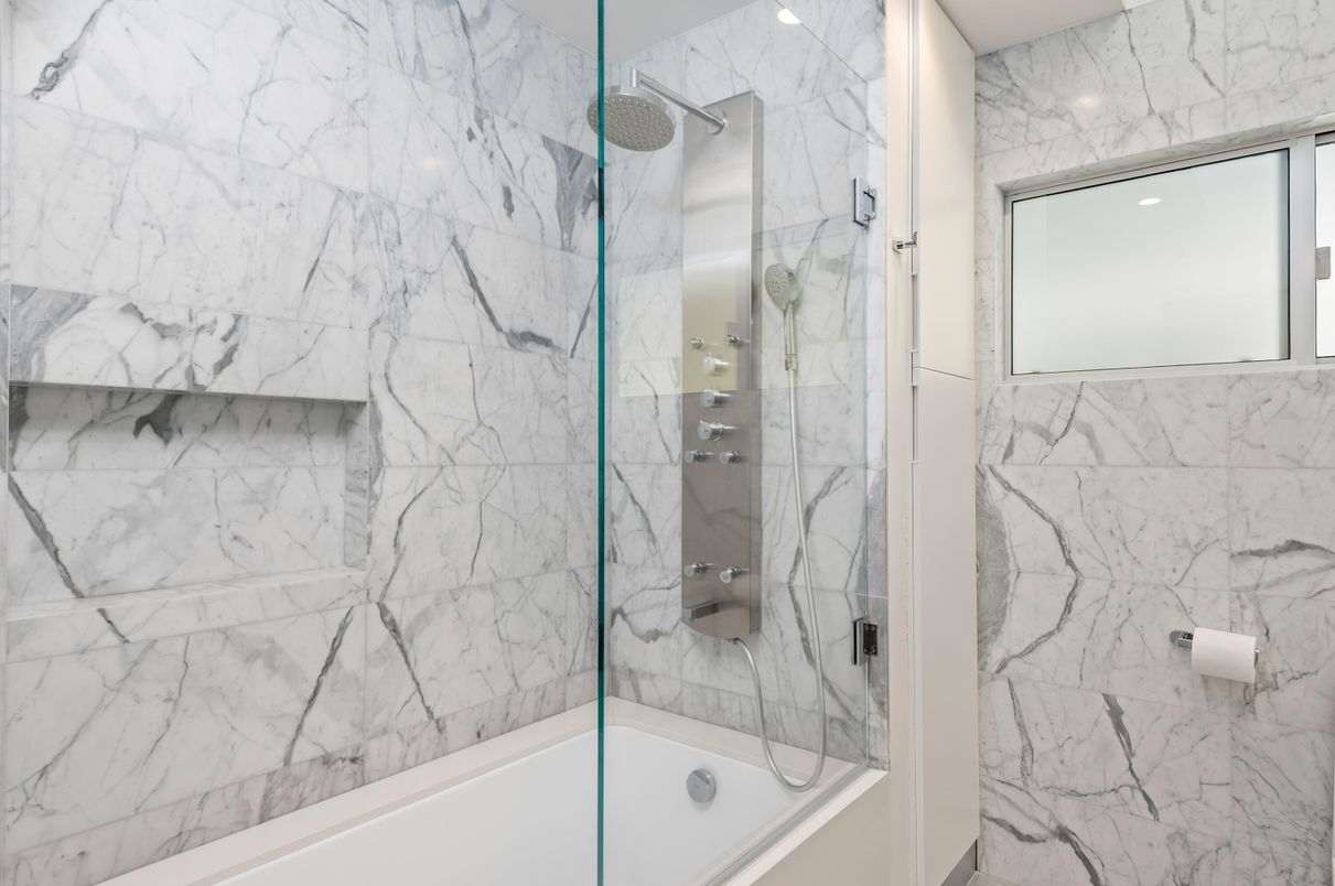 Bathroom, Glass Shower, Interior, Marble Walls, Recessed Lighting