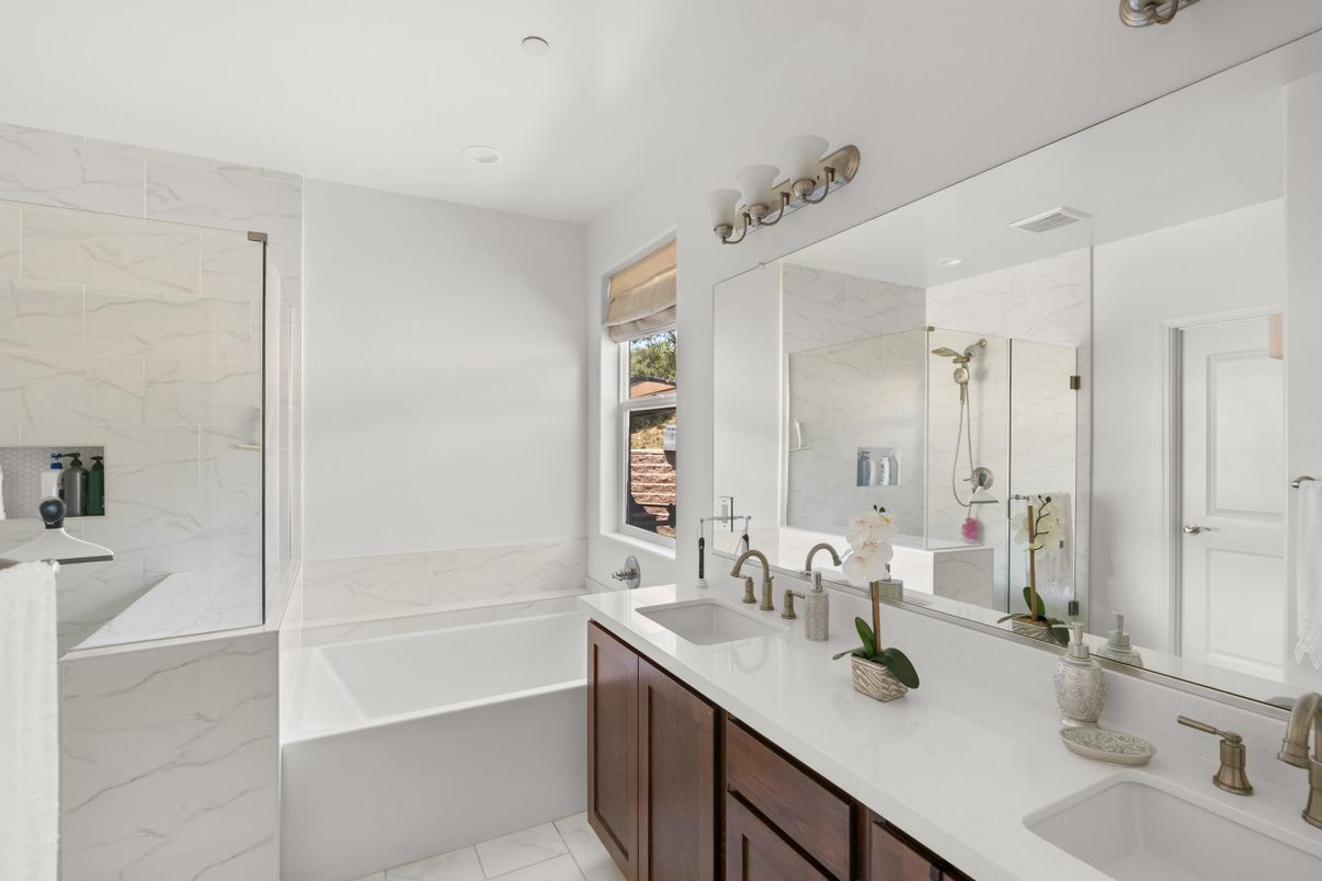 Bathroom, Dual Sink Vanities, Glass Shower, Interior, Marble Walls, Recessed Lighting