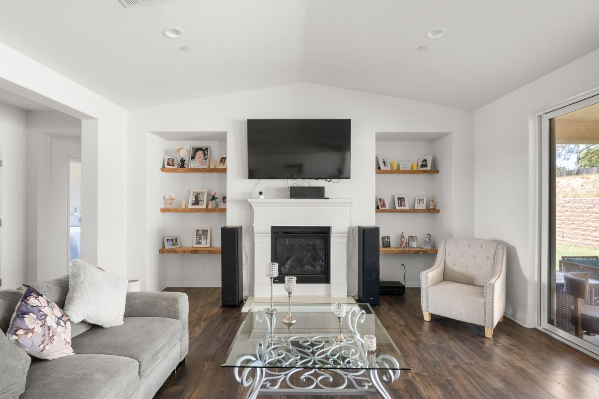 Fireplace, Interior, Living room, Recessed Lighting, Wood Texture Flooring