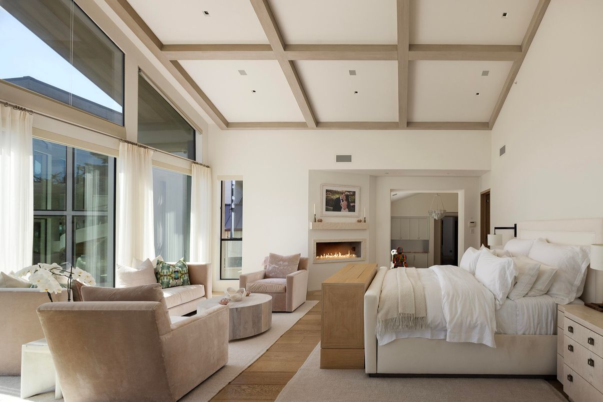 Bedroom, Fireplace, Interior, Living room, Recessed Lighting, Wooden Beams, Wood Texture Flooring