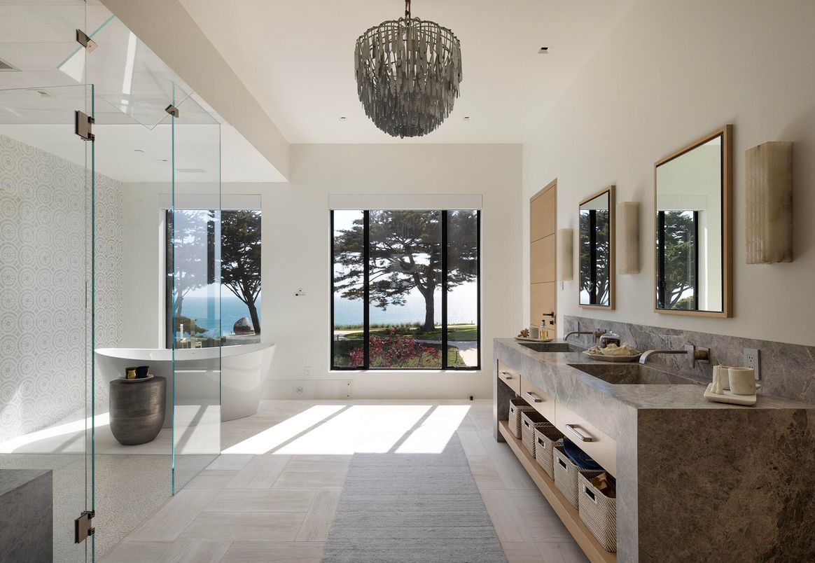 Bathroom, Dual Sink Vanities, Free Standing Baths, Glass Shower, Interior, Pendant Lights, Water