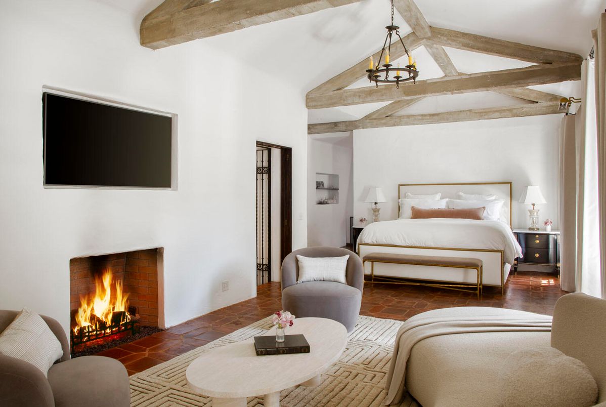 Bedroom, Fireplace, Interior, Pendant Lights, Wooden Beams
