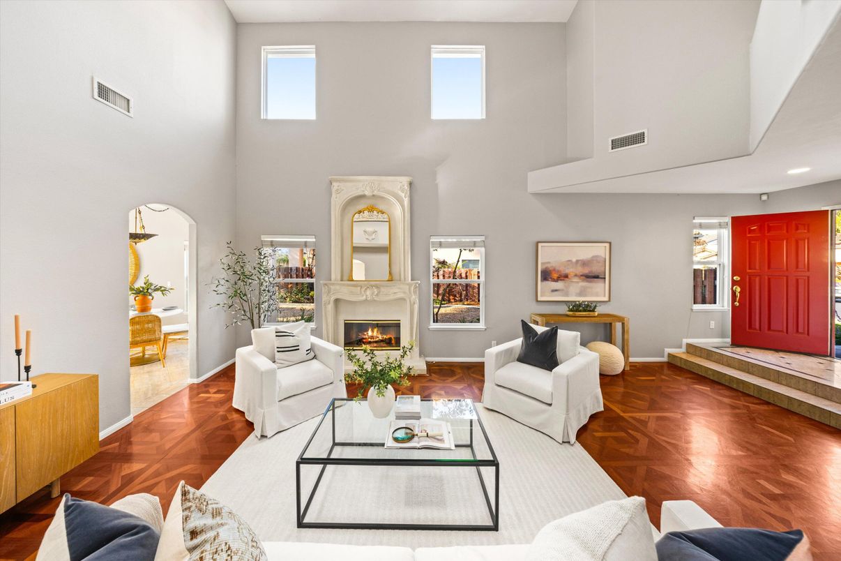 Fireplace, Interior, Living room, Recessed Lighting, Wood Texture Flooring