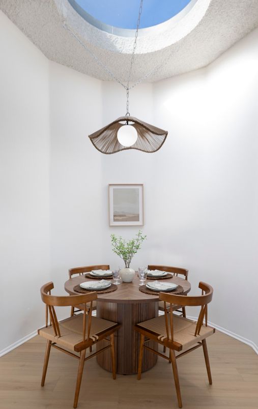 Dining room, Interior, Pendant Lights, Wood Texture Flooring