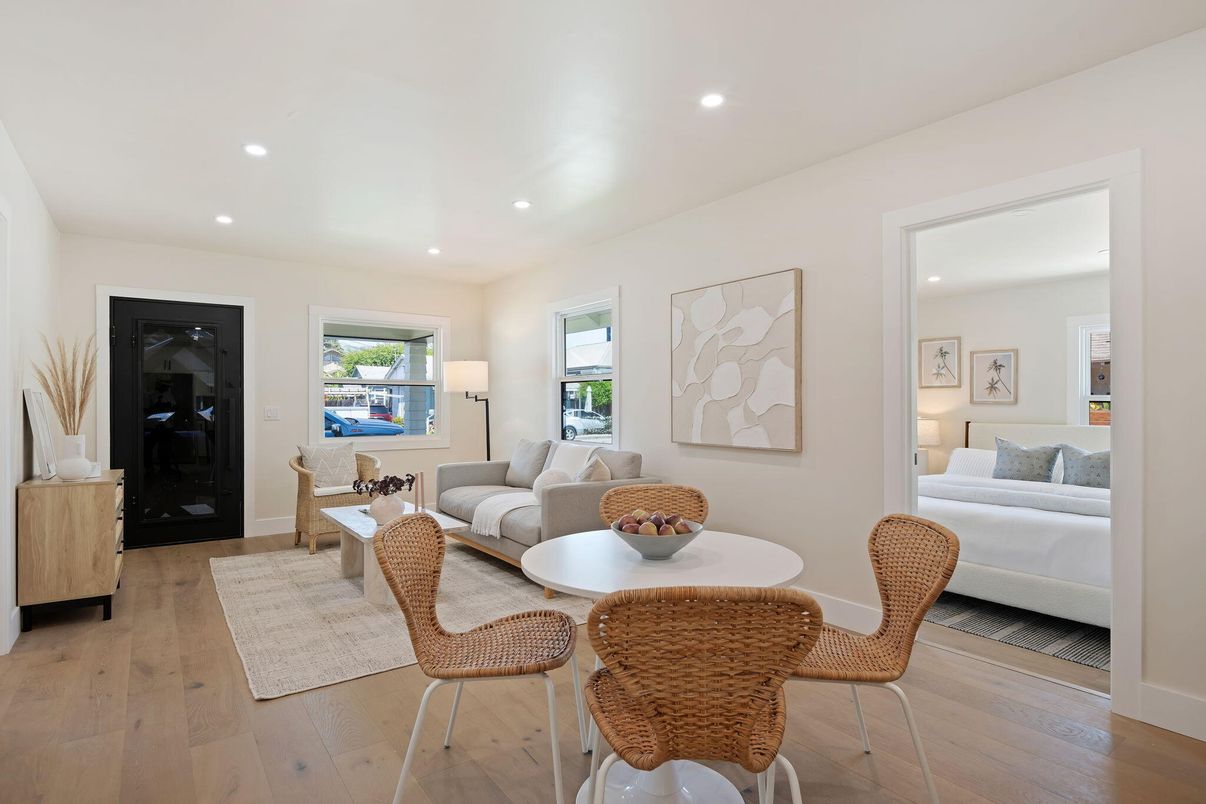 Dining room, Interior, Living room, Recessed Lighting, Wood Texture Flooring