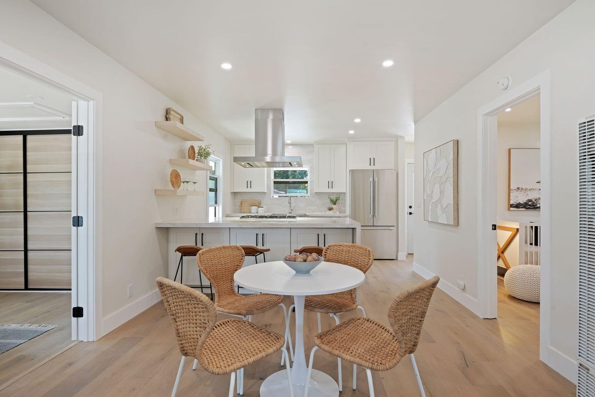 Dining room, Interior, Kitchen, Recessed Lighting, Stainless Steel Appliances, Wood Texture Flooring
