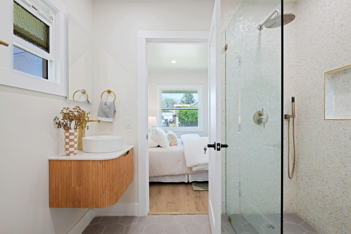 Bathroom, Bedroom, Glass Shower, Interior, Recessed Lighting, Wood Texture Flooring