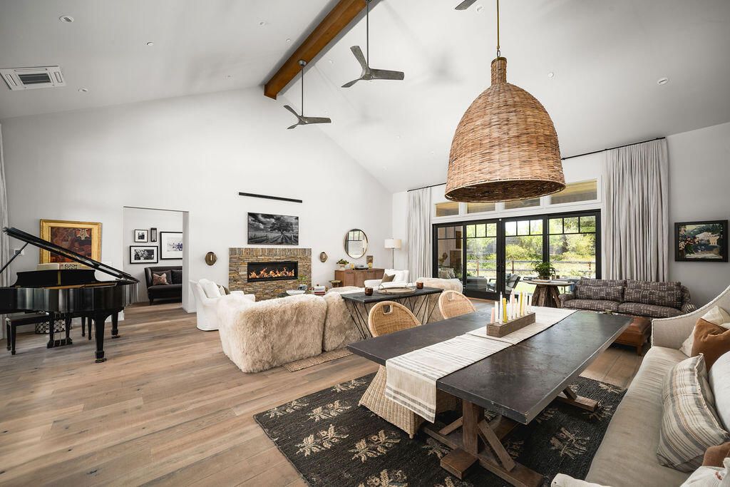 Dining room, Fireplace, Interior, Living room, Pendant Lights, Piano, Recessed Lighting, Wooden Beams, Wood Texture Flooring