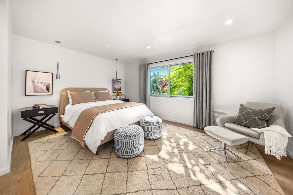 Bedroom, Interior, Pendant Lights, Recessed Lighting, Wood Texture Flooring