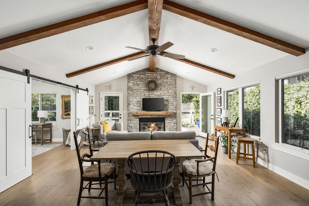 Dining room, Fireplace, Interior, Recessed Lighting, Stone Walls, Wooden Beams, Wood Texture Flooring