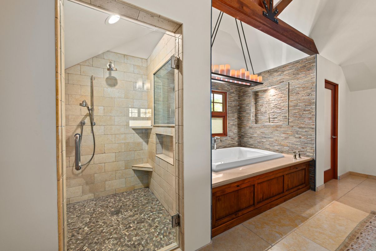 Bathroom, Glass Shower, Interior, Pendant Lights, Recessed Lighting, Stone Walls