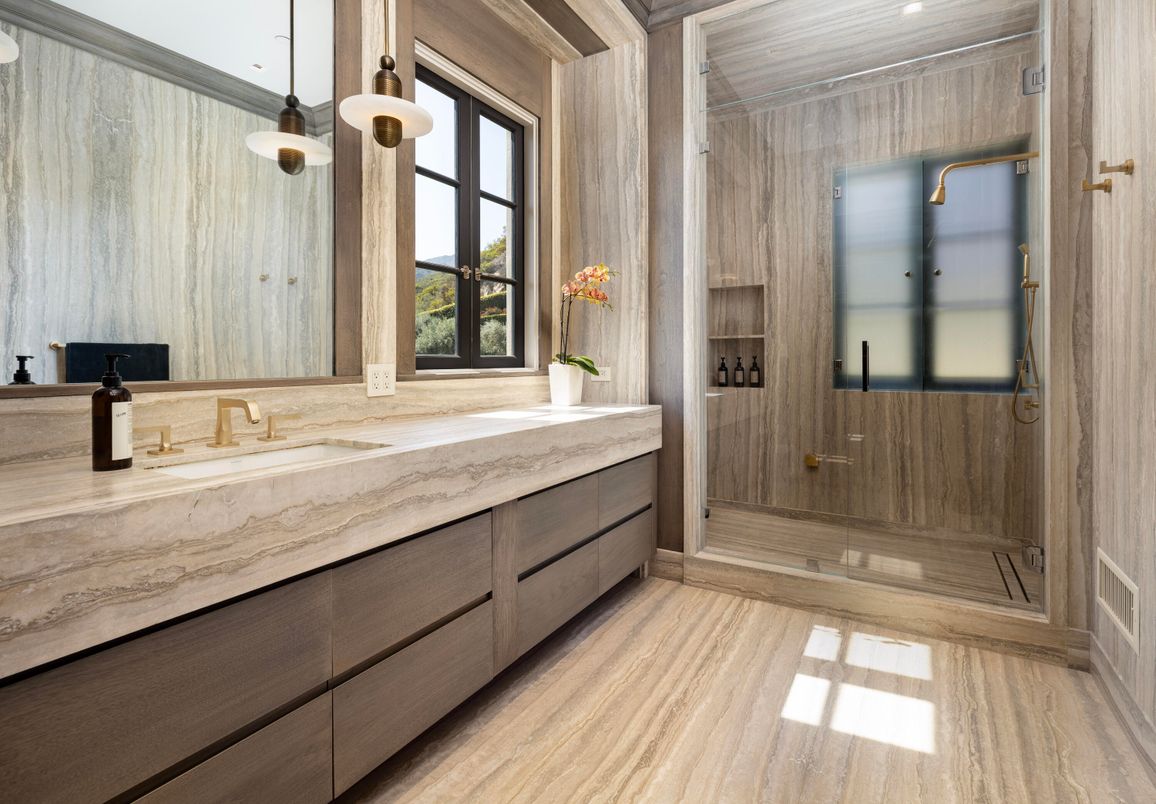Bathroom, Dual Sink Vanities, Interior, Pendant Lights, Wood Texture Flooring