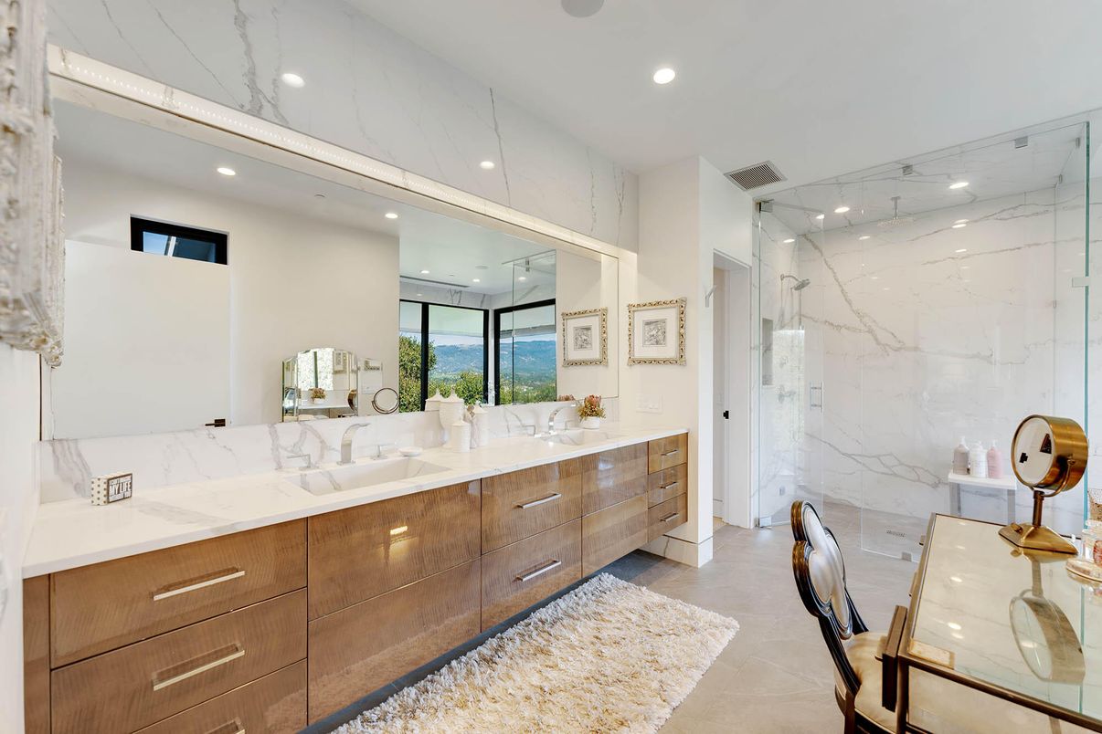 Bathroom, Dual Sink Vanities, Glass Shower, Interior, Marble Walls, Recessed Lighting