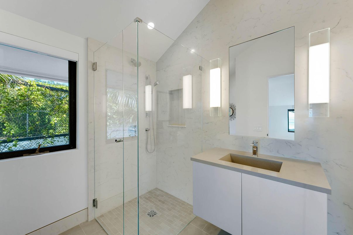 Bathroom, Glass Shower, Interior, Marble Walls, Recessed Lighting