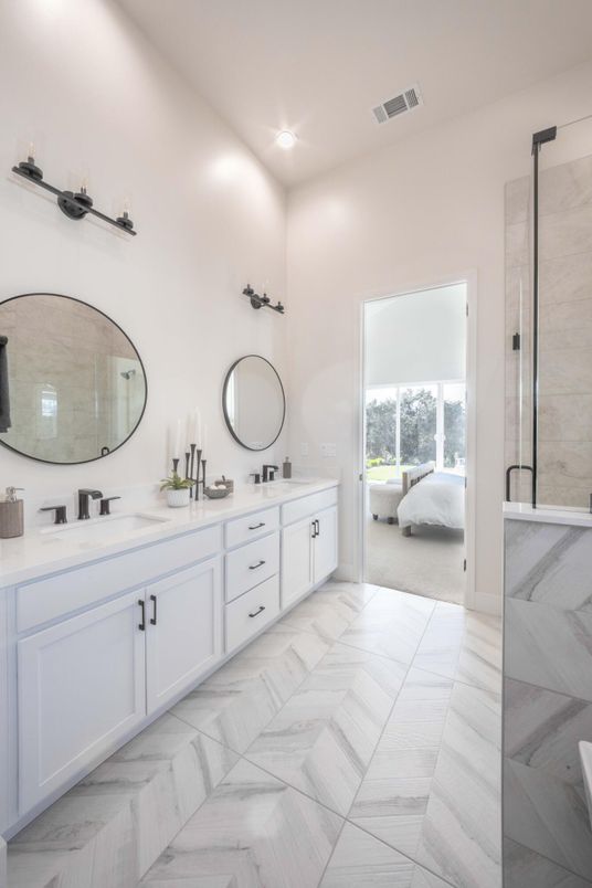 Bathroom, Dual Sink Vanities, Glass Shower, Interior, Marble, Recessed Lighting