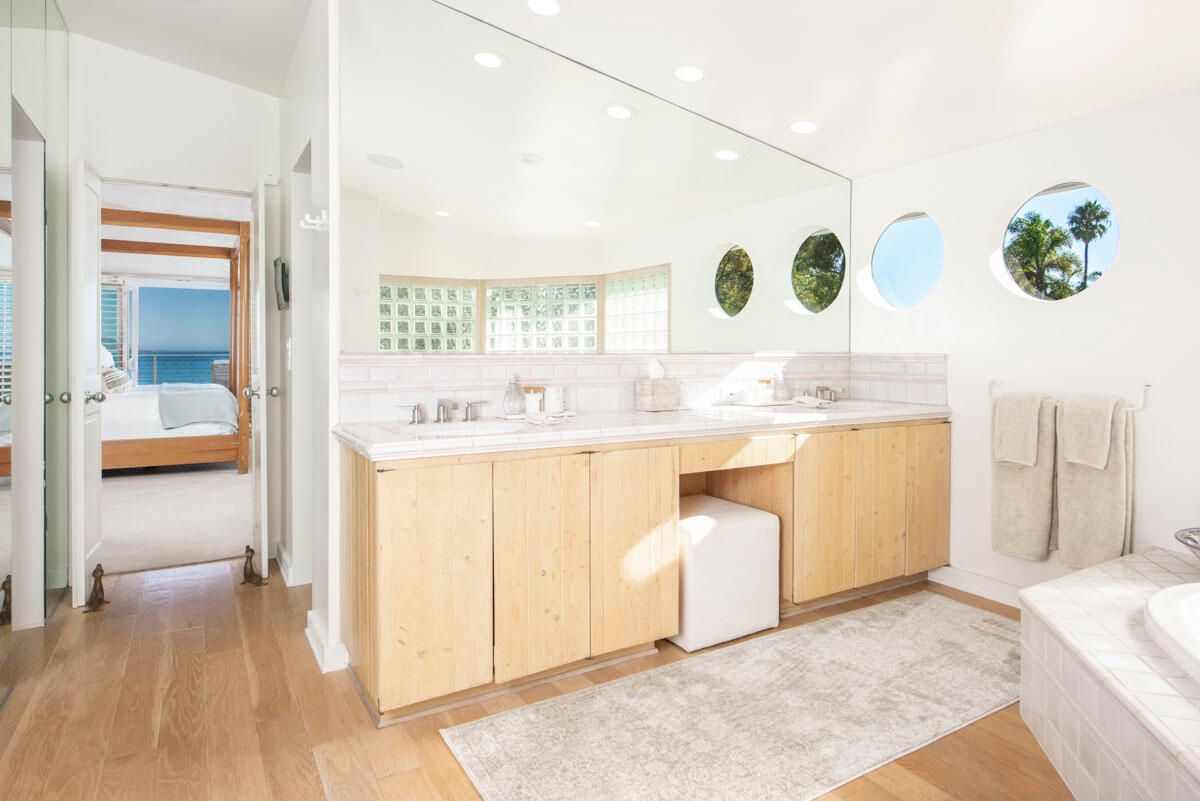 Bathroom, Bedroom, Dual Sink Vanities, Interior, Recessed Lighting, Wood Texture Flooring